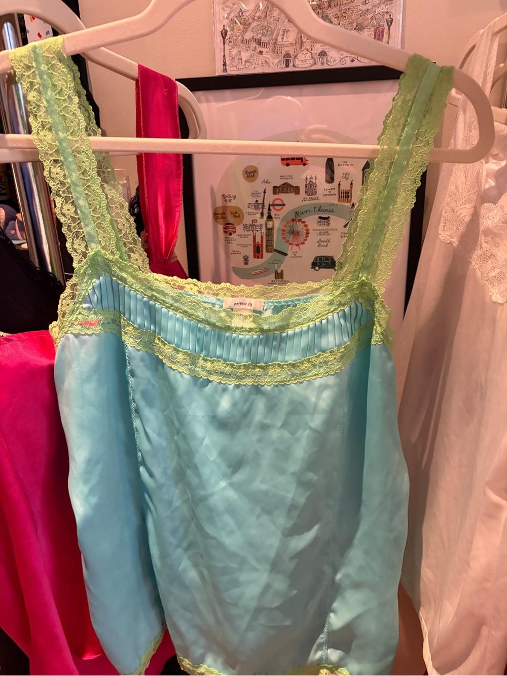 Y2K Old Navy Aqua Satin Lace-Trim Chemise with Lime Straps